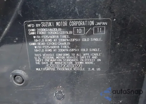 2012 Suzuki Grand Vitara Limited z USA, uszkodzony, nr VIN JS3TE0D72C4100220